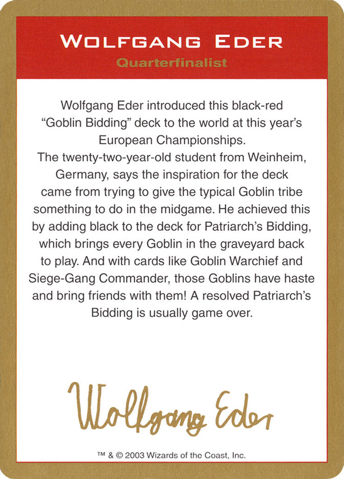 Wolfgang Eder Bio [World Championship Decks 2003] - Destination Retro