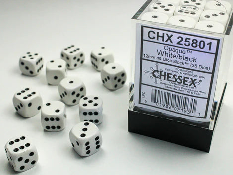 SUPPLIES - DICE - CHX 25801 - OPAQUE 36D6 WHITE/BLACK 12MM