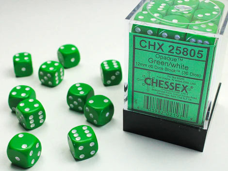 SUPPLIES - DICE - CHX 25805 - OPAQUE 36D6 GREEN/WHITE 12MM