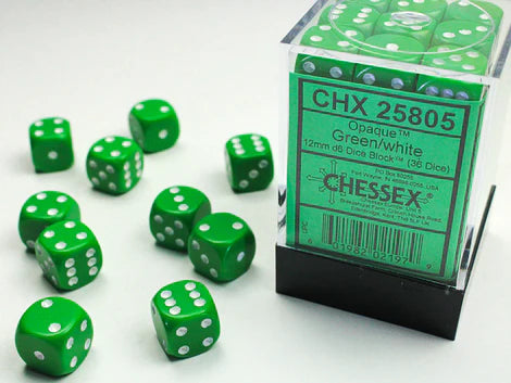 SUPPLIES - DICE - CHX 25805 - OPAQUE 36D6 GREEN/WHITE 12MM - Destination Retro