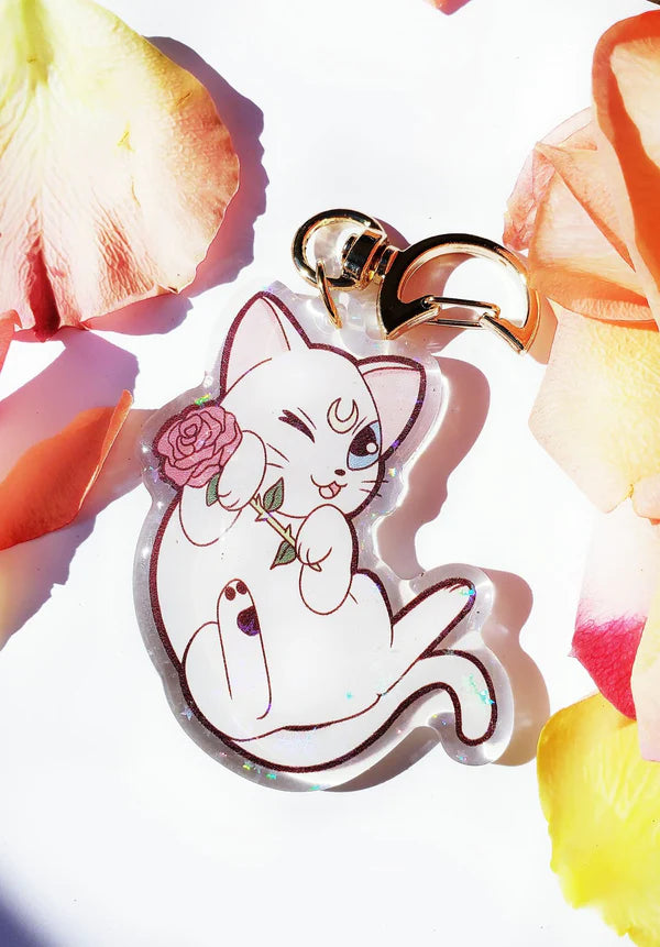 NightK - Moon Cat With Rose - Holographic Acrylic Keychain - Destination Retro
