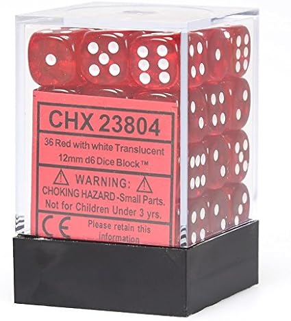 SUPPLIES - DICE - CHX 23804- TRANSLUCENT 36D6 RED/WHITE 12MM