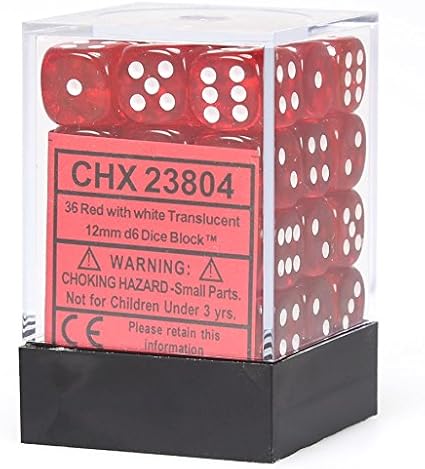 SUPPLIES - DICE - CHX 23804- TRANSLUCENT 36D6 RED/WHITE 12MM - Destination Retro