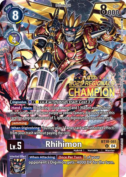Rhihimon [BT18-081] (2025 Regionals Champion) [Release Special Booster Ver.2.0 Promos] - Destination Retro