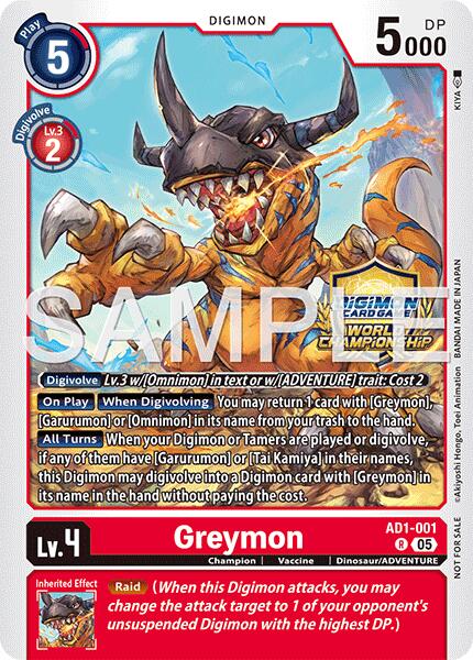 Greymon [AD1-001] - AD1-001 (World Championship 26–27 Regionals Season 1) [Advanced Booster Digimon Generation] - Destination Retro