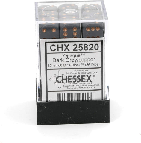SUPPLIES - DICE - CHX 25820- OPAQUE 36D6 DARK GREY/COPPER 12MM - Destination Retro