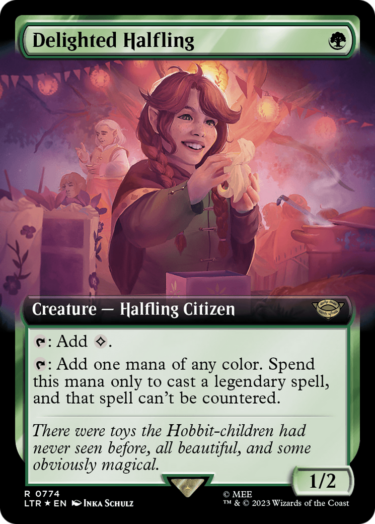 Delighted Halfling (Extended Art) (Surge Foil) [The Lord of the Rings: Tales of Middle-Earth] - Destination Retro