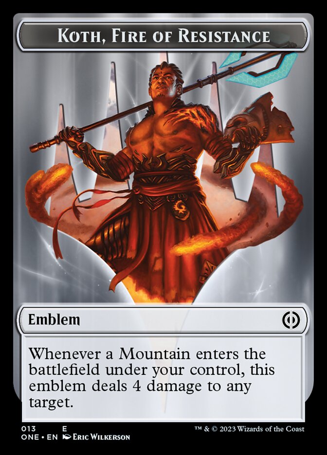Rebel // Koth, Fire of Resistance Emblem Double-Sided Token [Phyrexia: All Will Be One Tokens] - Destination Retro