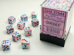 SUPPLIES - DICE - CHX 27944 - FESTIVE 36D6 POP ART/BLUE 12MM - Destination Retro