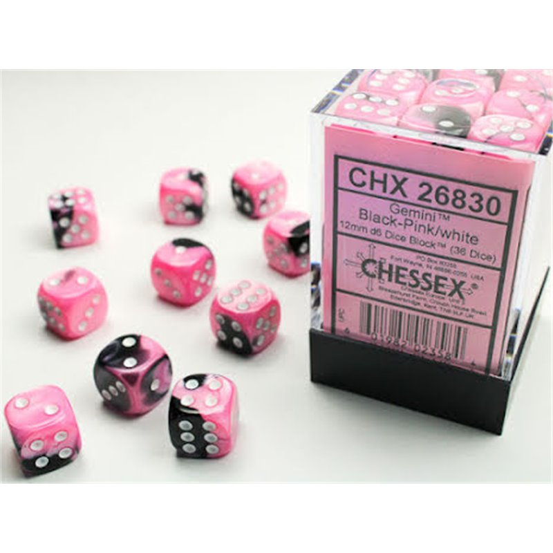 SUPPLIES - DICE - CHX 26830 - GEMINI 36D6 BLACK-PINK/WHITE 12MM - Destination Retro