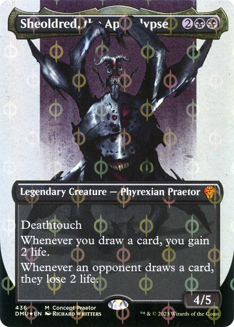 Sheoldred, the Apocalypse (Borderless Concept Praetors Step-and-Compleat Foil) [Phyrexia: All Will Be One] - Destination Retro