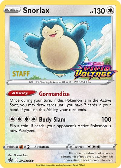 Snorlax (SWSH068) (Staff Prerelease Promo) [Sword & Shield: Black Star Promos] - Destination Retro