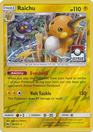 Raichu (41/147) (League Promo 2nd Place) [Sun & Moon: Burning Shadows] - Destination Retro