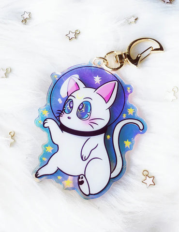 NightK - Space Kitty -  White - Holographic Acrylic Keychain - Destination Retro