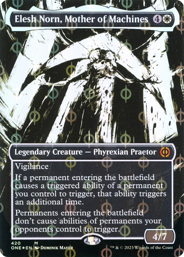 Elesh Norn, Mother of Machines (Borderless Ichor Step-and-Compleat Foil) [Phyrexia: All Will Be One] - Destination Retro