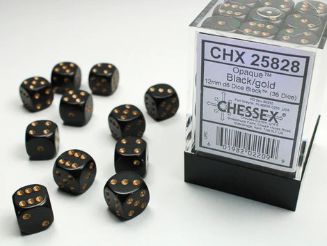 SUPPLIES - DICE - CHX 25828- OPAQUE 36D6 BLACK/GOLD 12MM - Destination Retro