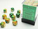 SUPPLIES - DICE - CHX 26825- GEMINI 36D6 GOLD-GREEN/WHITE 12MM - Destination Retro