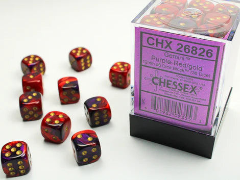 SUPPLIES - DICE - CHX 26826- GEMINI 36D6 PURPLE-RED/GOLD 12MM - Destination Retro