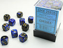 SUPPLIES - DICE - CHX 26835- GEMINI 36D6 BLACK-BLUE/GOLD 12MM - Destination Retro