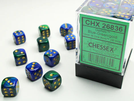 SUPPLIES - DICE - CHX 26836- GEMINI 36D6 BLUE-GREEN/GOLD 12MM - Destination Retro