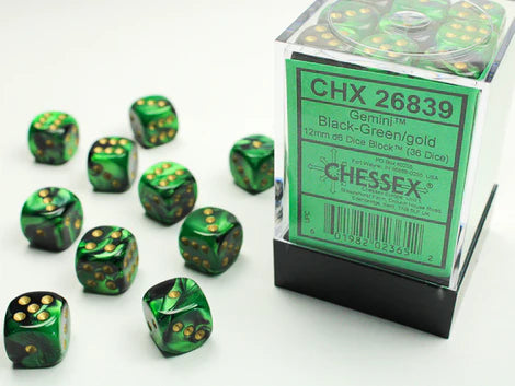 SUPPLIES - DICE - CHX 26839- GEMINI 36D6 BLACK-GREEN/GOLD 12MM - Destination Retro