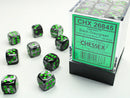 SUPPLIES - DICE - CHX 26845- GEMINI 36D6 BLACK-GREY/GREEN 12MM - Destination Retro