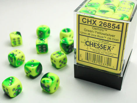 SUPPLIES - DICE - CHX 26854- GEMINI 36D6 GREEN-YELLOW/SILVER 12MM - Destination Retro