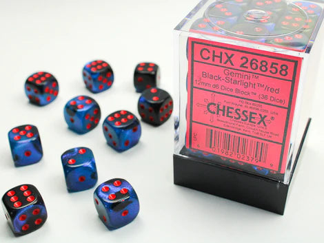 SUPPLIES - DICE - CHX 26858- GEMINI 36D6 BLACK-STARLIGHT/RED 12MM - Destination Retro