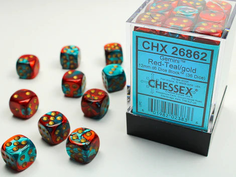 SUPPLIES - DICE - CHX 26862- GEMINI 36D6 RED-TEAL/GOLD 12MM - Destination Retro