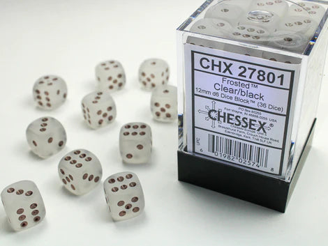 SUPPLIES - DICE - CHX 27801- FROSTED 36D6 CLEAR/BLACK 12MM - Destination Retro