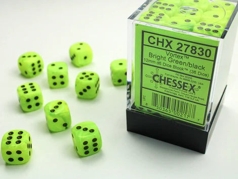 SUPPLIES - DICE - CHX 27830- VORTEX 36D6 BRIGHT GREEN/BLACK 12MM - Destination Retro