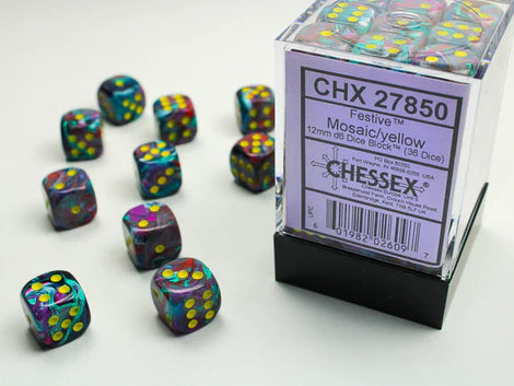 SUPPLIES - DICE - CHX 27850- FESTIVE 36D6 MOSAIC/YELLOW 12MM - Destination Retro