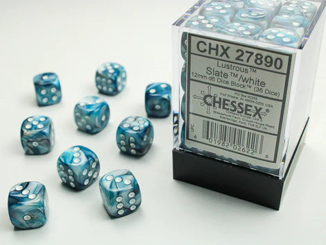 SUPPLIES - DICE - CHX 27890- LUSTROUS 36D6 SLATE/WHITE 12MM - Destination Retro