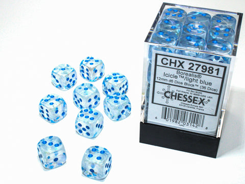 SUPPLIES - DICE - CHX 27981- BOREALIS 36D6 ICICLE/LIGHT BLUE 12MM - Destination Retro