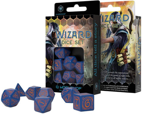 SUPPLIES - DICE - WIZARD DARK-BLUE AND ORANGE DICE SET - Destination Retro