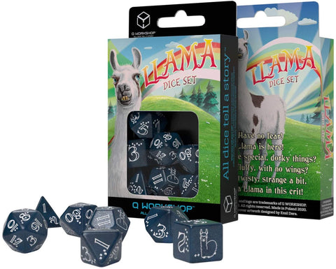 SUPPLIES - DICE - SHIMMERING LLAMA DICE SET BLUE AND WHITE - Destination Retro