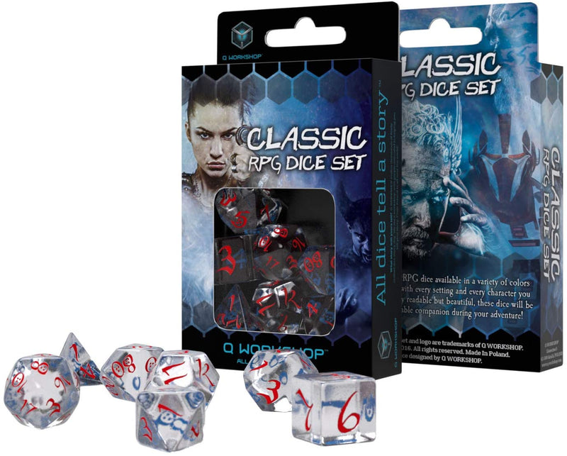 SUPPLIES - DICE - CLASSIC DICE SET: TRANSPARENT BLUE/RED - Destination Retro