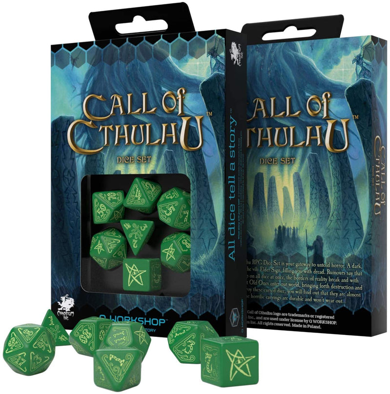 SUPPLIES - DICE - CALL OF CTHULHU BLACK AND GREEN DICE SET - Destination Retro