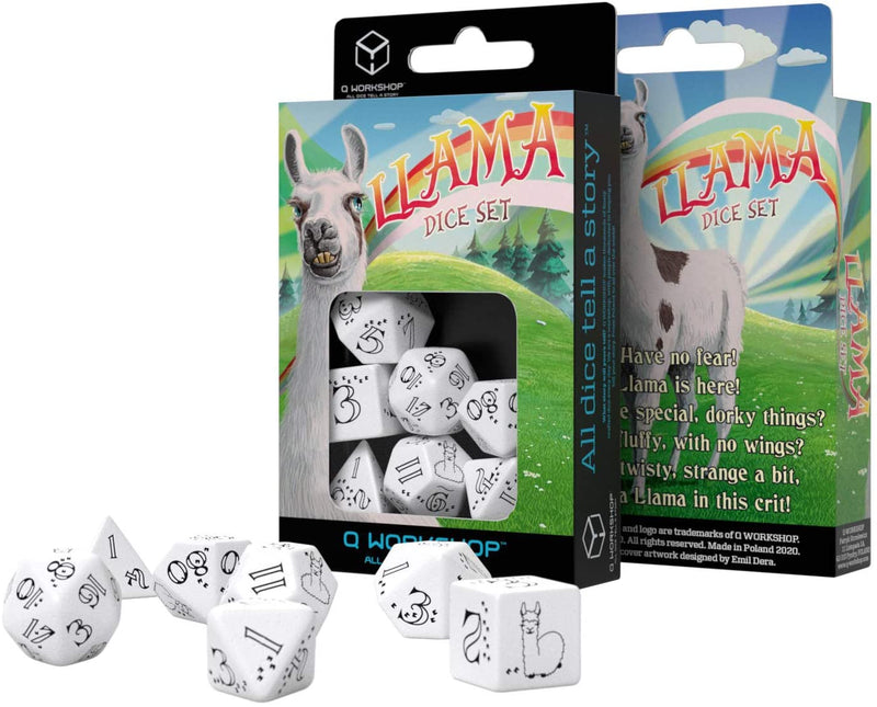 SUPPLIES - DICE - BRIGHT LLAMA DICE SET WHITE AND BLACK - Destination Retro