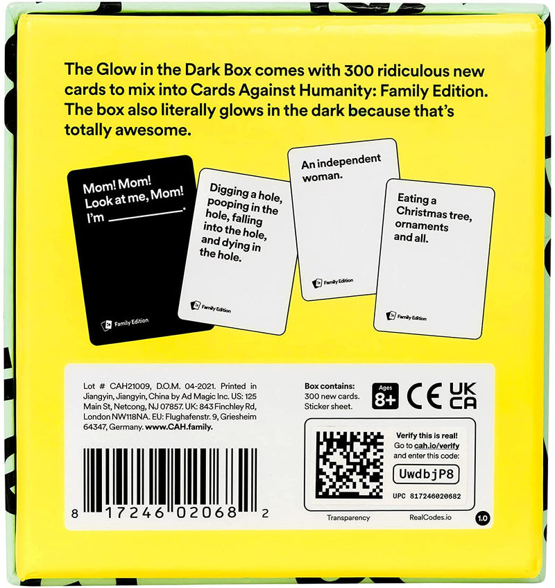Cards Against Humanity Family Edition Glow in The Dark Box • 300-Card Expansion - Destination Retro