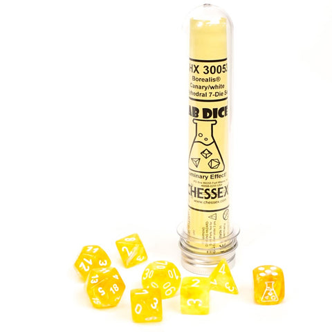 SUPPLIES - DICE - CHX 30053 - BOREALIS CANARY/WHITE LUMINARY EFFECT LAB DICE - Destination Retro
