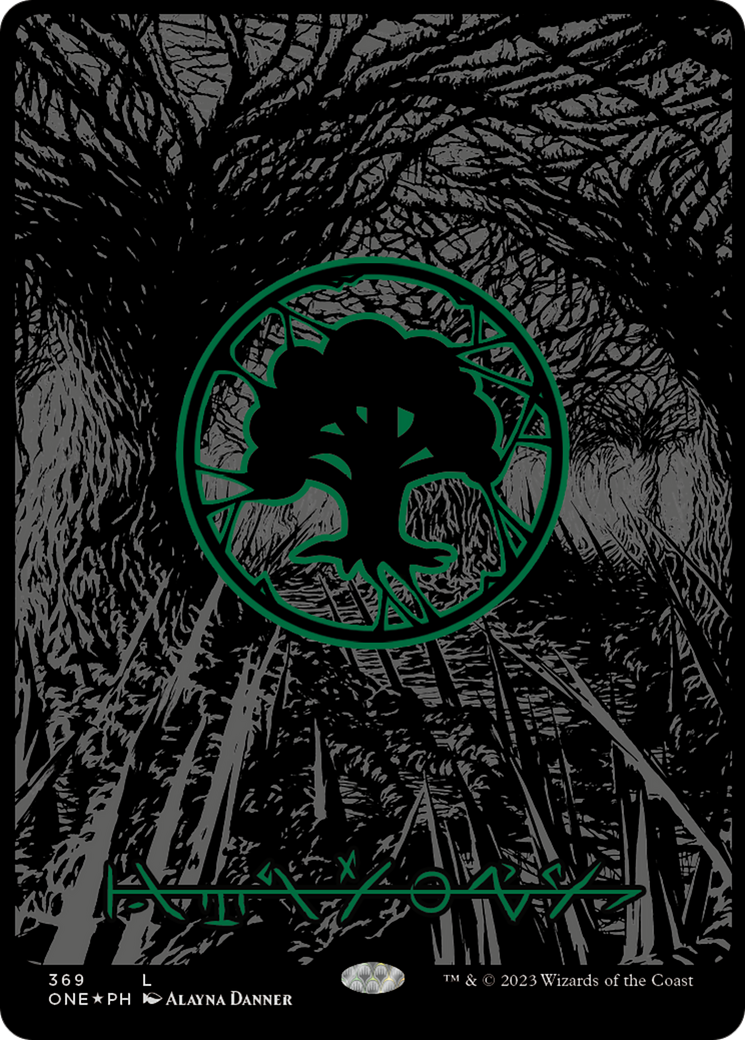 Forest (369) (Oil Slick Raised Foil) [Phyrexia: All Will Be One] - Destination Retro