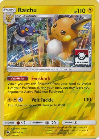 Raichu (41/147) (League Promo 1st Place) [Sun & Moon: Burning Shadows] - Destination Retro