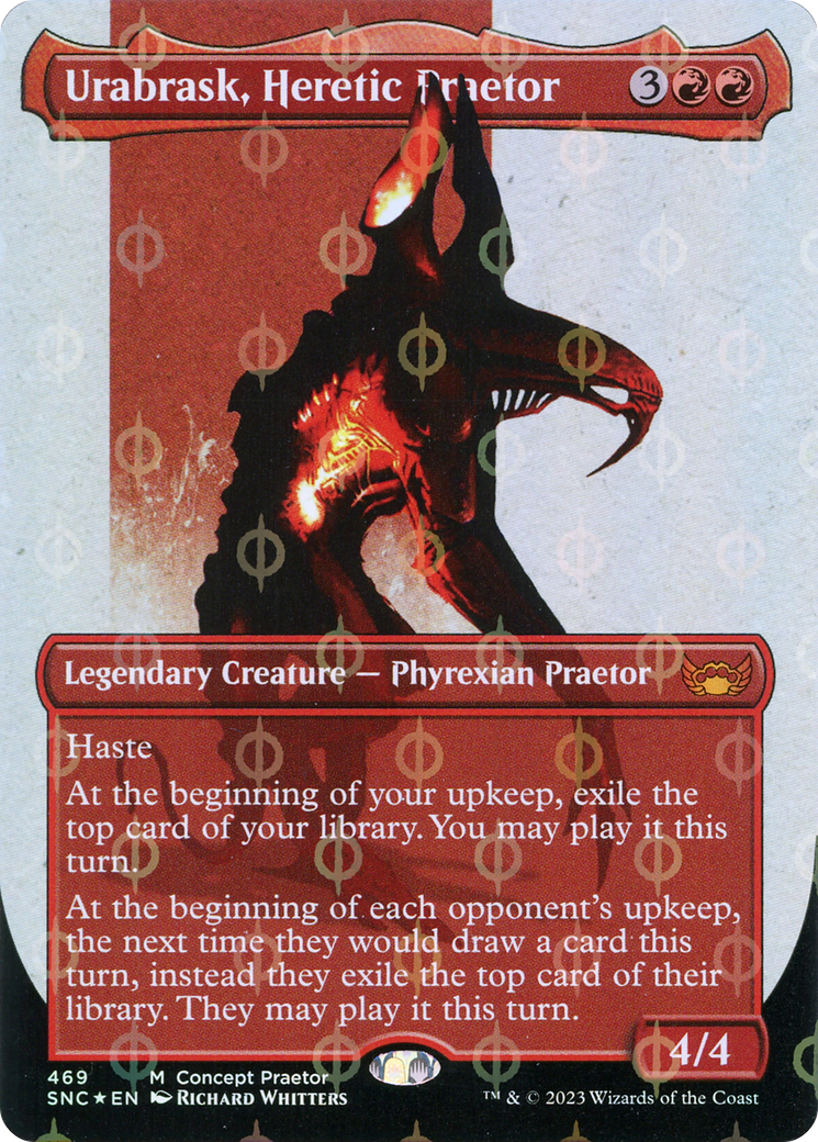 Urabrask, Heretic Praetor (Borderless Concept Praetors Step-and-Compleat Foil) [Phyrexia: All Will Be One] - Destination Retro