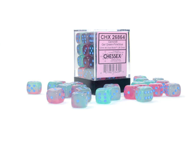 SUPPLIES - DICE - CHX 26864- GEMINI 36D6 GEL GREEN-PINK/BLUE LUMINARY 12MM - Destination Retro
