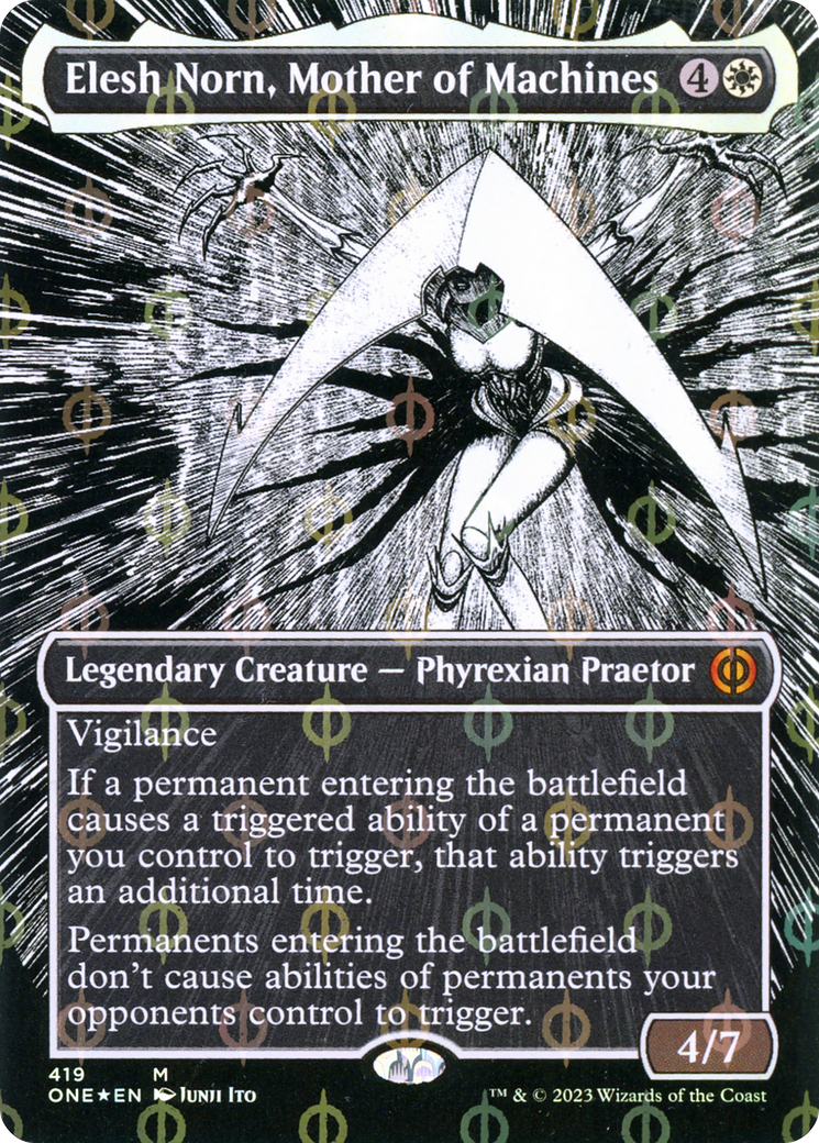 Elesh Norn, Mother of Machines (Borderless Manga Step-and-Compleat Foil) [Phyrexia: All Will Be One] - Destination Retro
