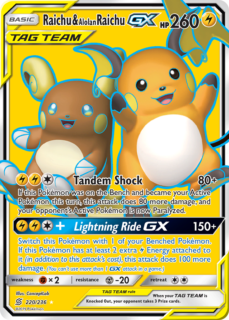 Raichu & Alolan Raichu GX (220/236) [Sun & Moon: Unified Minds] - Destination Retro