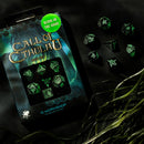 SUPPLIES - DICE - CALL OF CTHULHU BLACK GLOW IN THE DARK DICE SET - Destination Retro