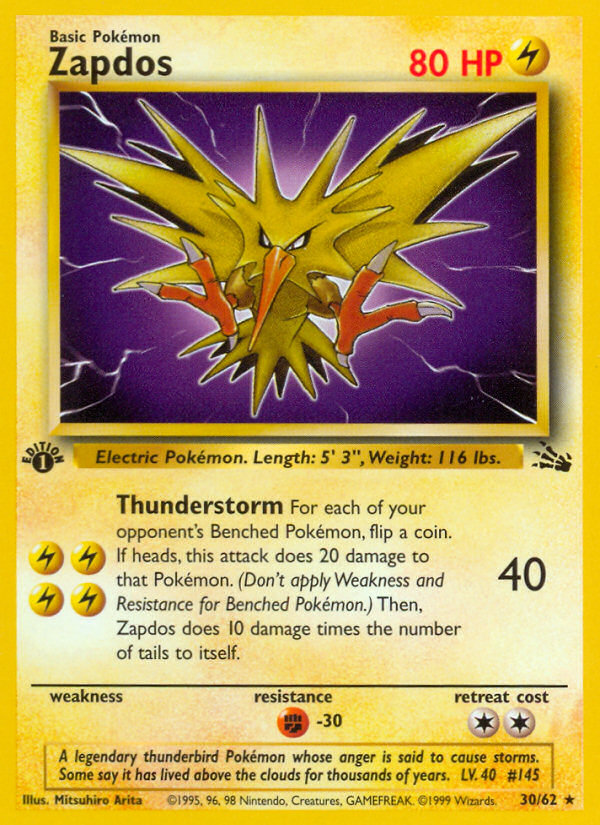 Zapdos (30/62) [Fossil 1st Edition] - Destination Retro