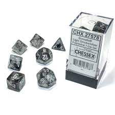 SUPPLIES - DICE - CHX 27578 - Borealis® Polyhedral Light Smoke/silver Luminary 7-DIE SET - Destination Retro